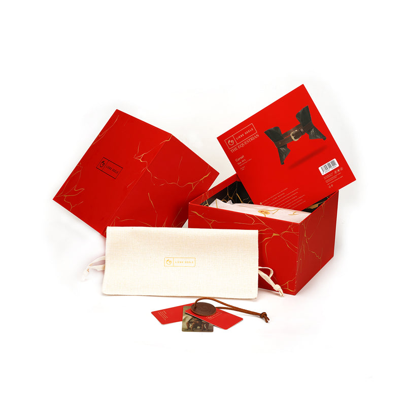 Luxurious bondage waist belt packaging by LIEBE SEELE featuring a red themed box with branding, a product box with leather harness image, and accompanying accessories