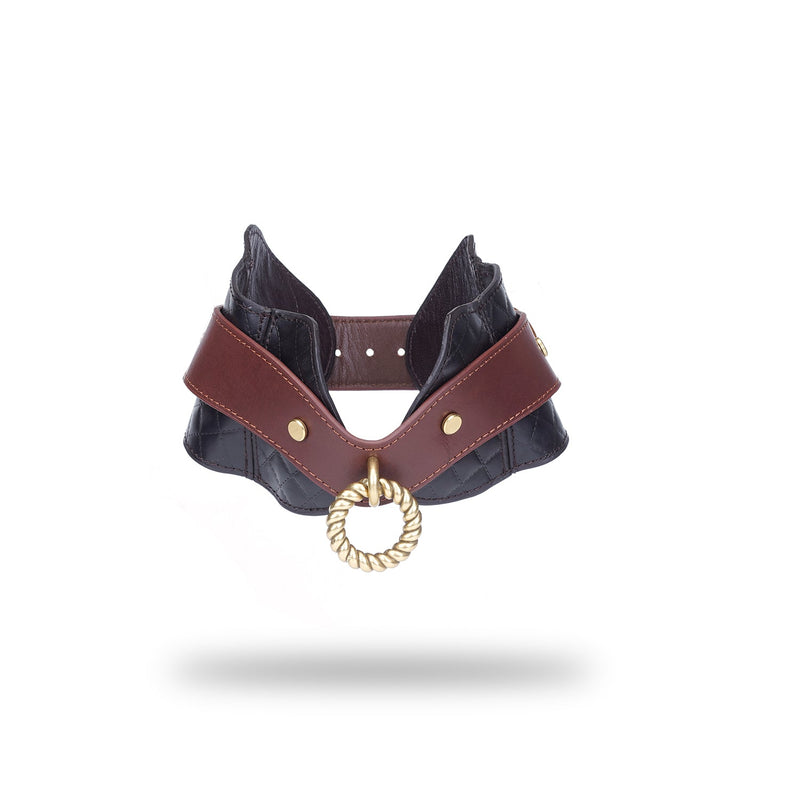 Luxury dual-brown leather posture collar with quilted detail and golden hardware from The Equestrian collection for BDSM play