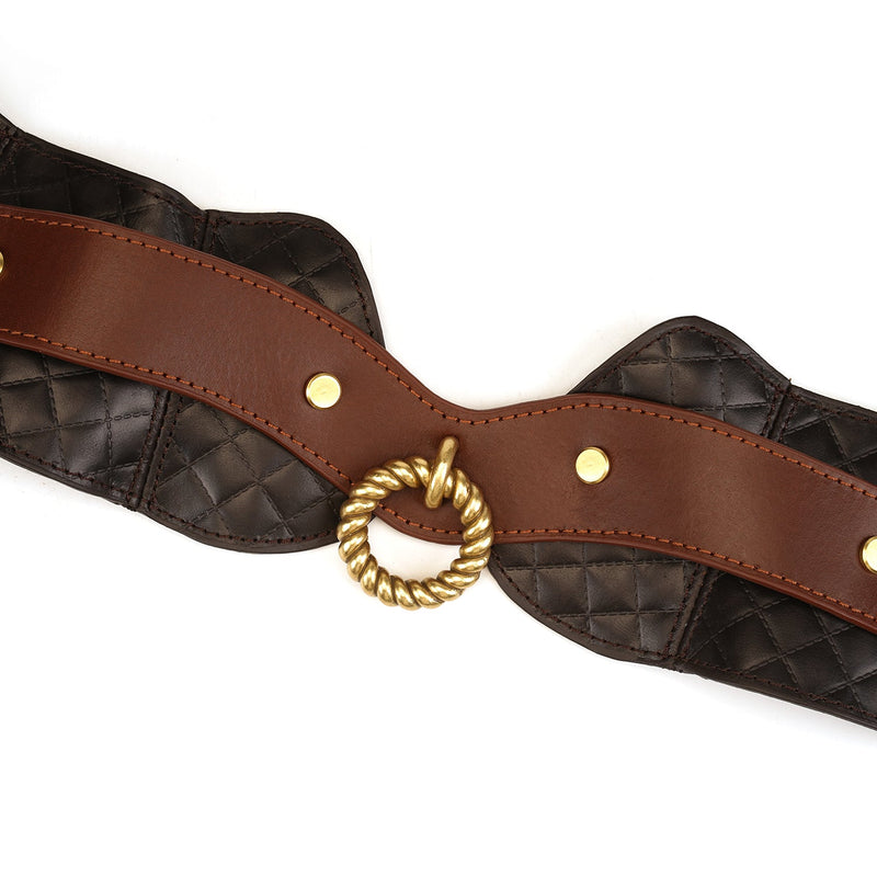 Luxury leather posture collar from The Equestrian collection with quilted design and golden hardware for BDSM play
