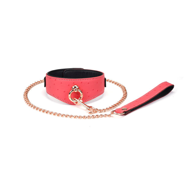 Cherry blossom pink leather curved collar with ostrich skin pattern and rose gold chain leash from Angel's & Demon's Kiss collection.