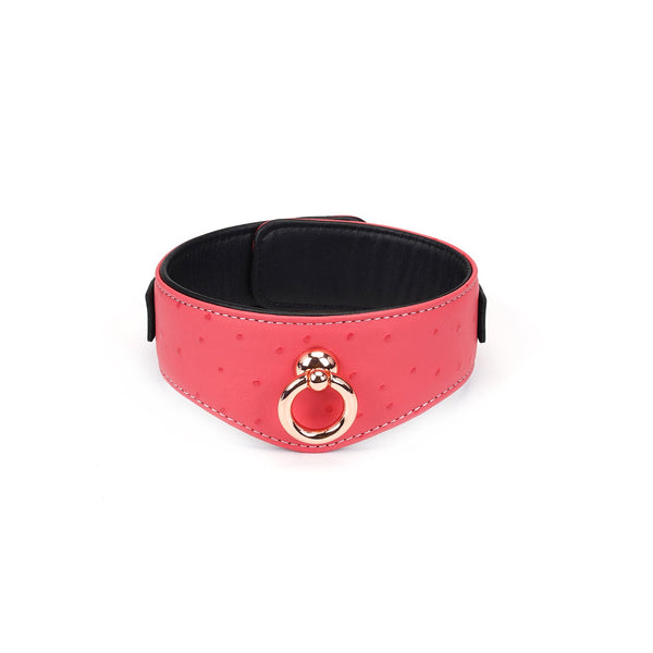 Cherry Blossom Pink Leather Bondage Collar with Ostrich Skin Pattern and Rose Gold O-ring from Angel's & Demon's Kiss Collection