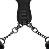Vegan leather wrist-to-collar restraint with metal chains and quick-release clips for BDSM play