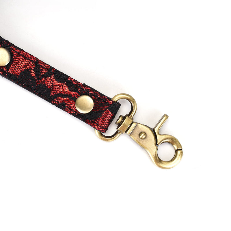 Red and black lace vegan leather strap with brass quick-release clip for bondage hogtie
