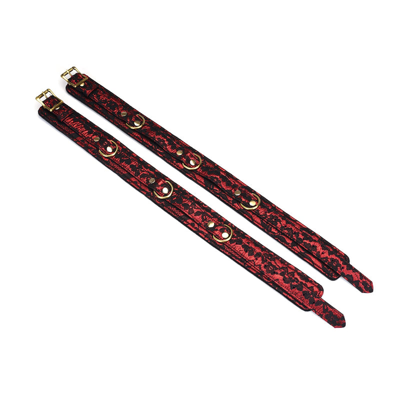 Victorian Garden red and black lace thigh cuffs with brass buckle straps, vegan-friendly
