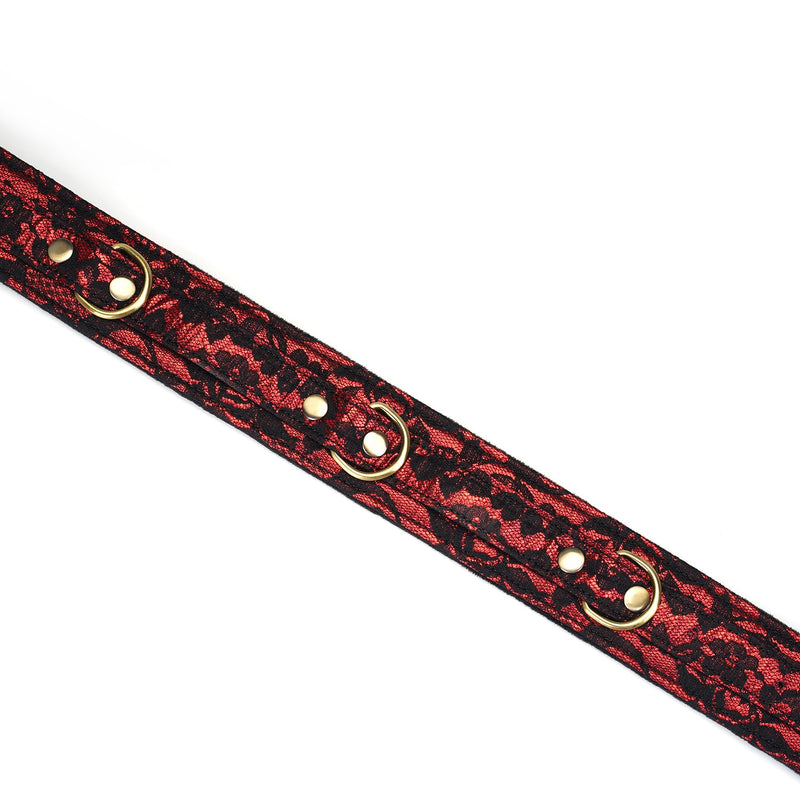Victorian Garden red and black lace thigh cuff with brass vintage copper buckle straps, vegan-friendly