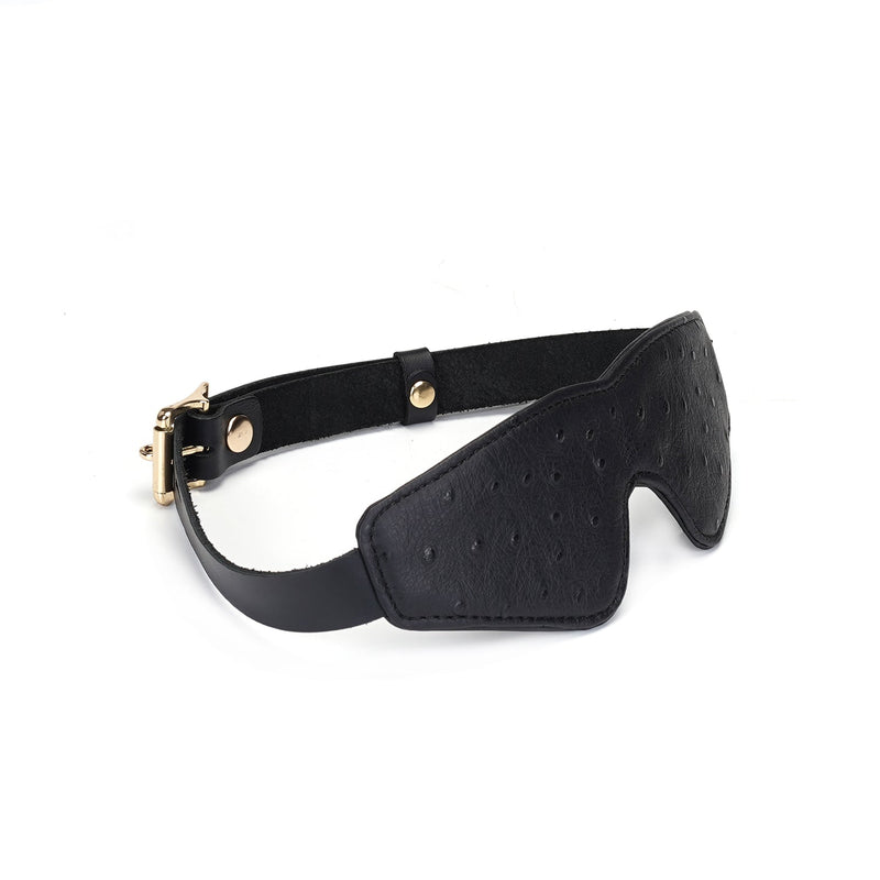 Black leather blindfold with ostrich skin pattern and rose gold buckle from Angel's & Demon's Kiss Bondage collection