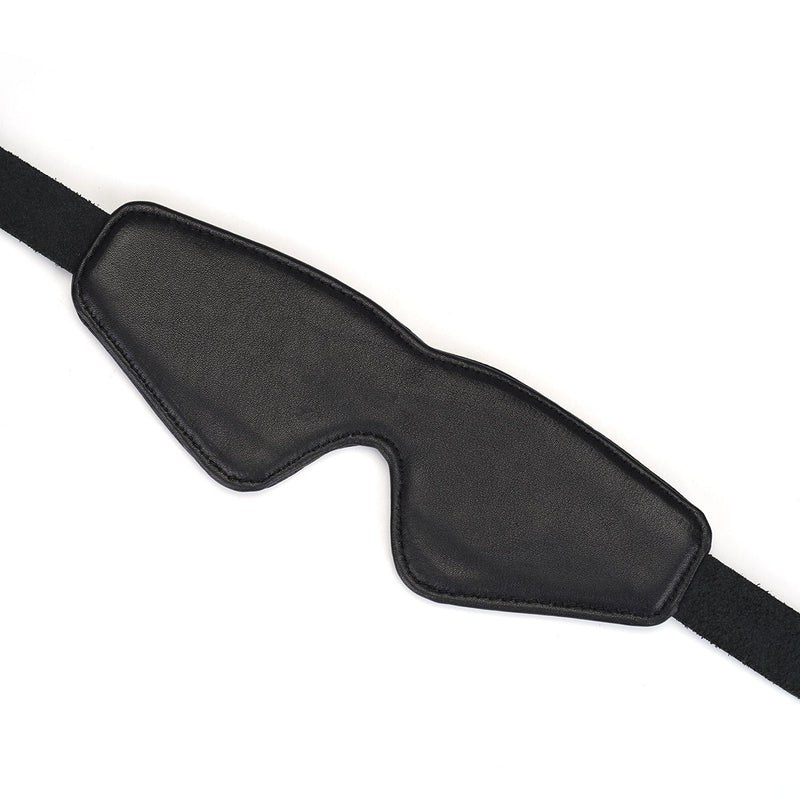 Black leather blindfold in ostrich skin pattern from the Demon's Kiss Bondage collection, designed for sensory deprivation and luxury BDSM play