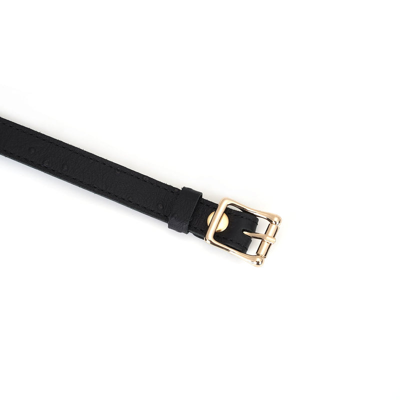 Close-up of black leather strap with golden buckle on Demon's Kiss breathable ball gag
