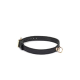 Black leather bondage collar with ostrich skin pattern and gold O-ring from Demon's Kiss collection