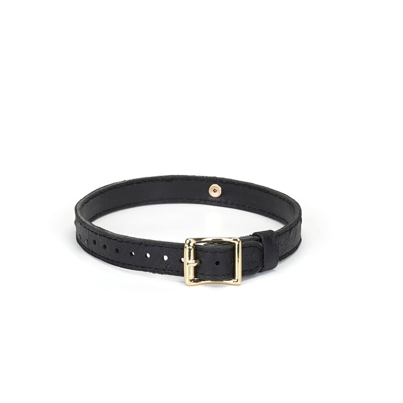 Demon's Kiss Black Leather Choker with gold buckle and ostrich skin pattern for elegant bondage clothing
