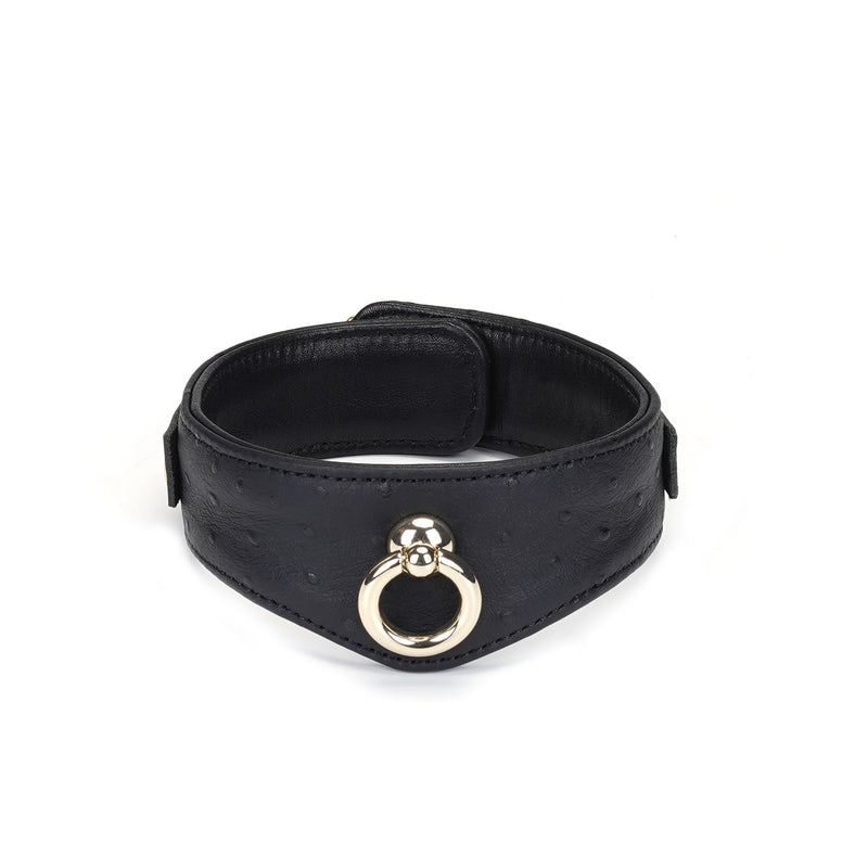 Black leather BDSM collar with ostrich skin pattern and golden O-ring from the Angel’s & Demon's Kiss collection