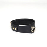 Luxurious black leather curved collar with ostrich skin pattern and golden hardware, part of the Angel's & Demon's Kiss Bondage collection
