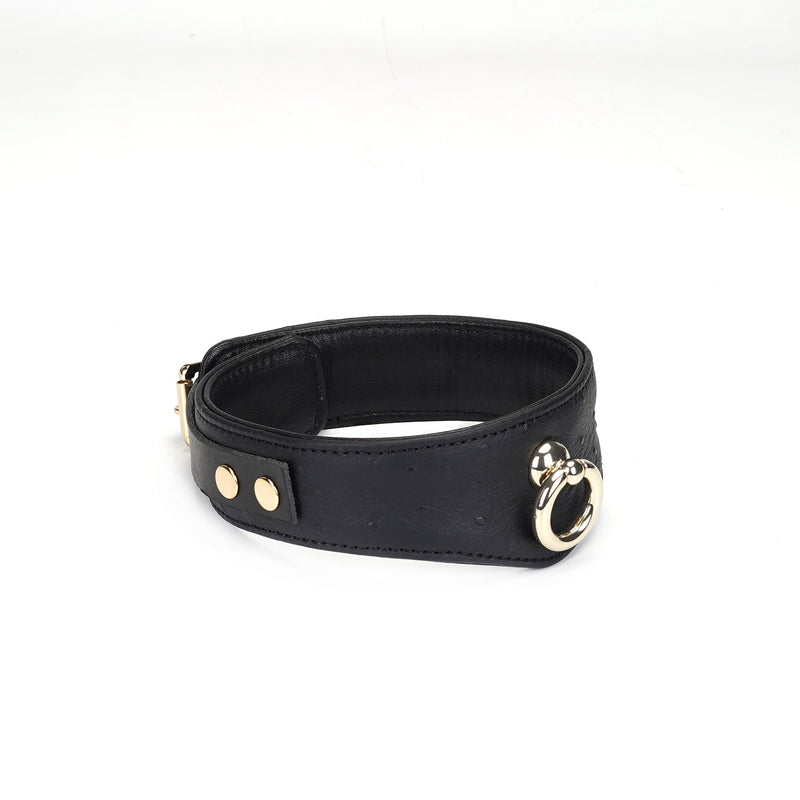 Demon's Kiss Black Ostrich Skin Pattern Leather Curved Collar with Lead and Locking Buckles