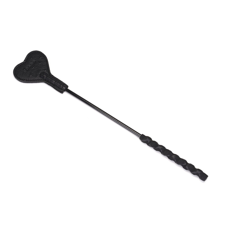 Black leather short riding crop with heart shape tip and textured handle from the Angel's & Demon's Kiss collection