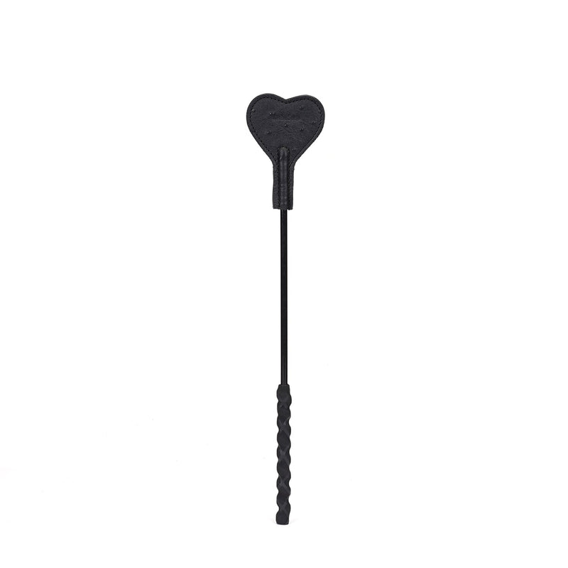 Black leather short riding crop with heart shape tip and textured handle for BDSM play