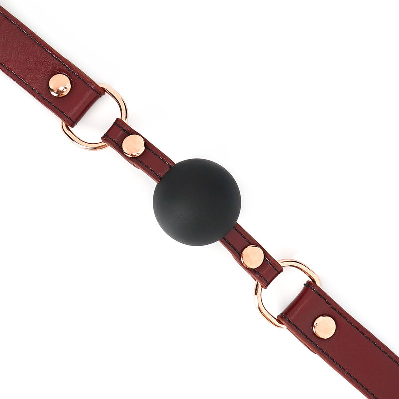 Wine Red Leather Ball Gag with Black Silicone Ball and Rose Gold Buckles for BDSM play