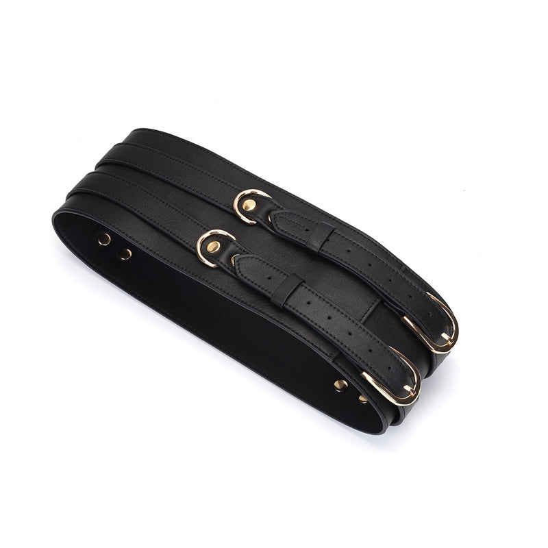 Black leather BDSM bondage waist belt with gold buckles, part of the Dark Secret collection