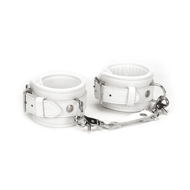 Fuji White- White Leather Wrist Cuffs with Silver Metal
