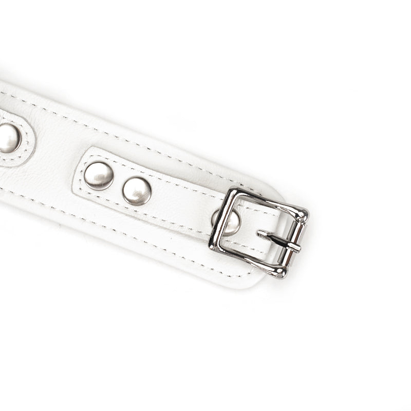 Fuji White: White Leather Collar And Leash with Silver Metal Hardware