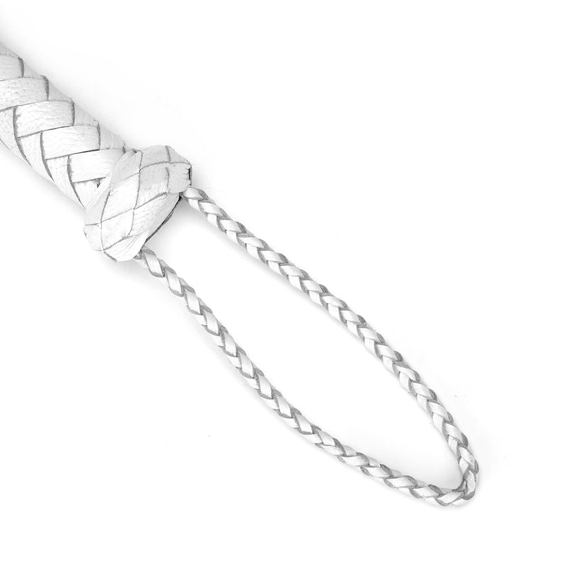 White leather cat o' nine tails whip with braided handle from Fuji White collection for BDSM impact play