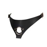 Premium black leather strap-on harness with golden hardware and adjustable straps, ideal for bondage play and pegging