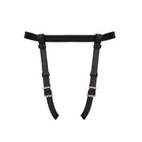 Luxurious black leather strap-on harness for bondage play with gold hardware and adjustable straps, part of the Dark Secret collection