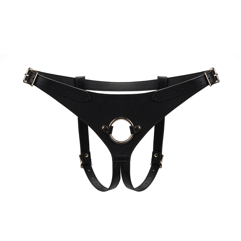 Luxurious black leather strap-on harness with golden hardware and adjustable straps from the Dark Secret bondage collection