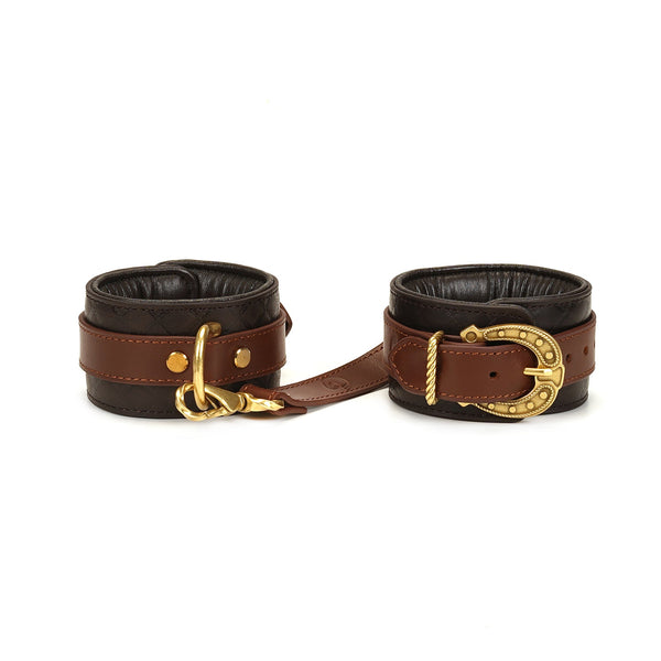 The Equestrian luxury leather handcuffs with vintage gold hardware, dark and light brown adjustable bondage cuffs