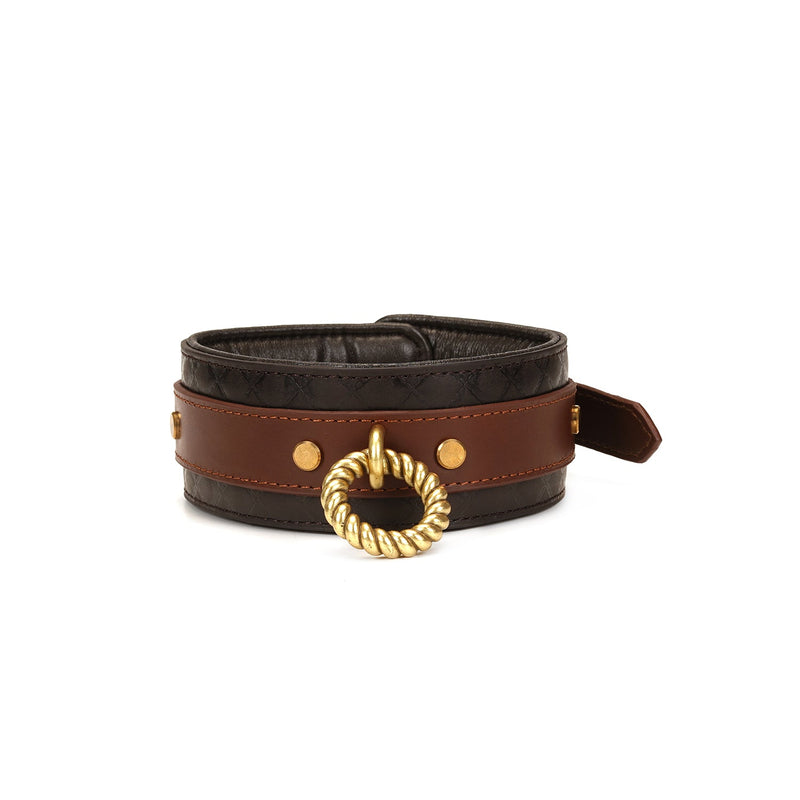 Luxury leather bondage collar with gold chain leash from The Equestrian collection, featuring rich brown and tan leather and vintage gold finishes