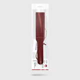 Wine Red dual-sided leather spanking paddle from LIEBE SEELE, featuring a split and fixed leather surface for diverse impact play, showcased in retail packaging