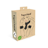 Vegan Fetish faux leather wrist-to-collar restraints packaging featuring illustration of a woman in bondage gear, emphasizing eco-friendly and vegan-friendly materials