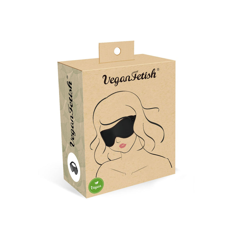 Vegan Fetish brand packaging for faux leather blindfold, featuring a woman with a blindfold and vegan label